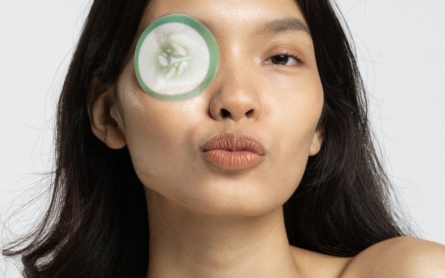 Put cucumber slices on your eyes Woman with cucumber slice on her eye