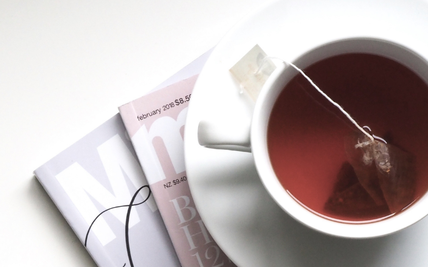 Put tea bags on your eyes Tea bag on a cup
