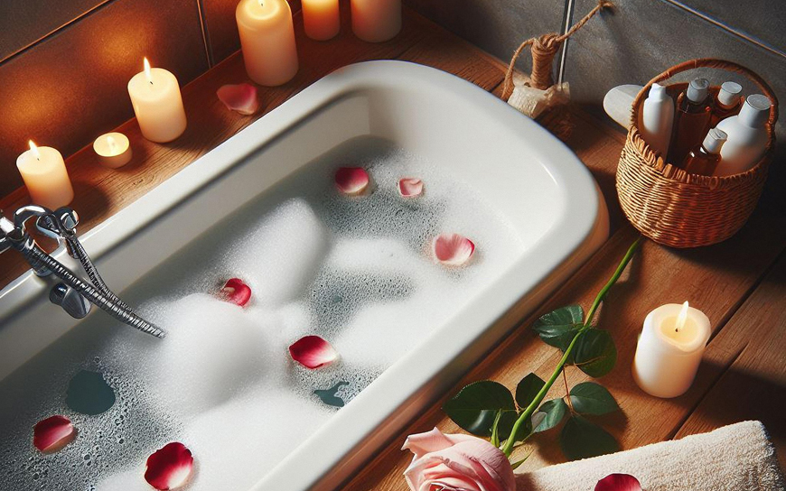 Relaxing bath Bathtube with rosepetals and candles around