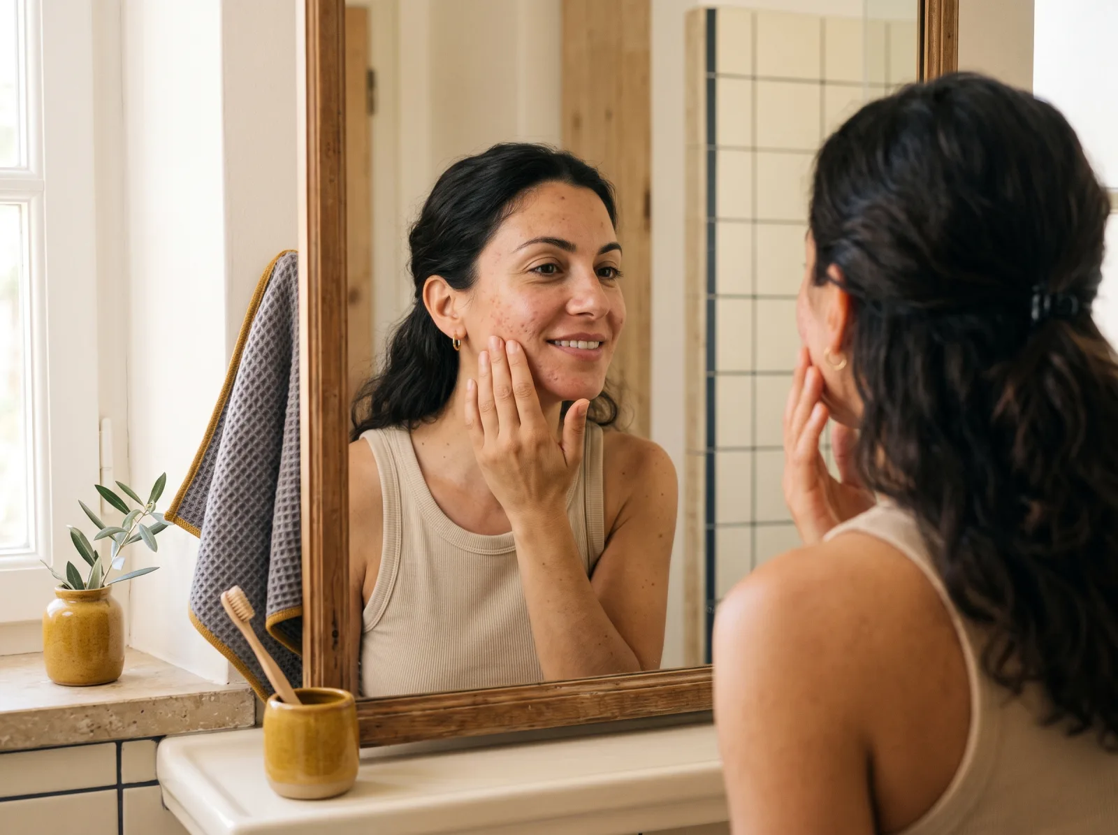 A woman touches her face while looking in the mirror.