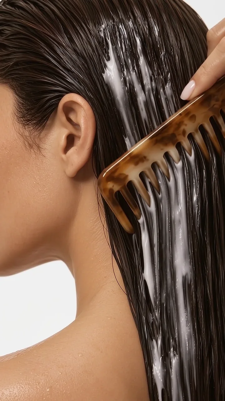 Woman combing conditioner through wet hair