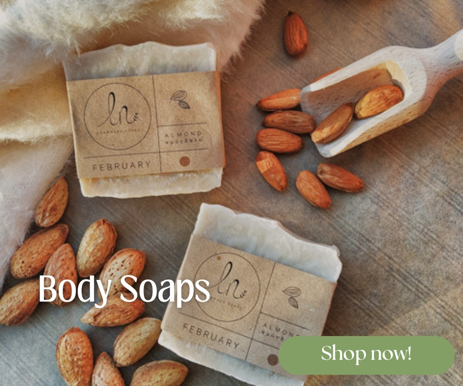 Natural Greek body soaps with organic olive oil, herbs, and essential oils. Gently cleanse, hydrate, or exfoliate—ideal for all skin types, including anti-cellulite scrubs.