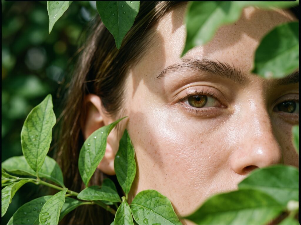 Close-up of a woman's face surrounded by fresh green leaves